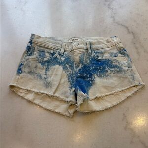 L'AGENCE Tie-Dye Blue & Cream Denim Cutoff Shorts
